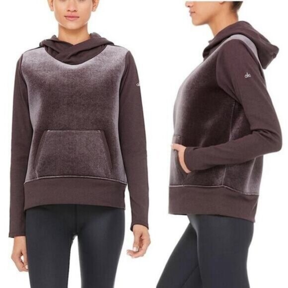 NWT ALO YOGA Luxe Long Sleeve Velour Hoodie Sweatshirt Size Medium In Raisin - Picture 1 of 10